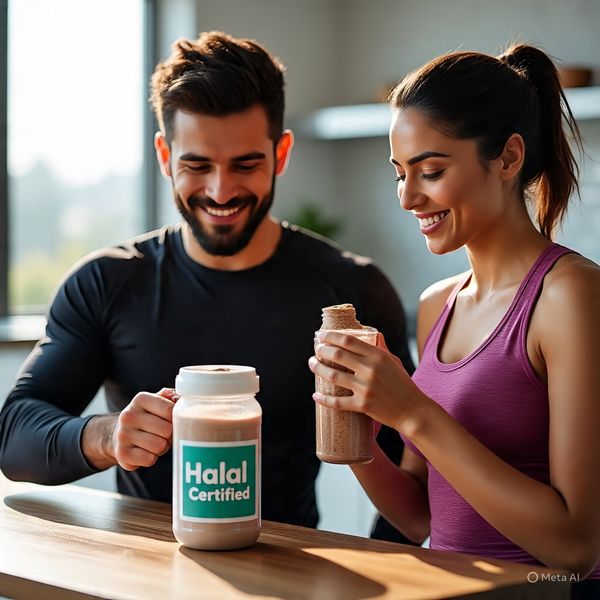 "Halal whey protein powder container – suitable for Muslim athletes in the USA, 2025."